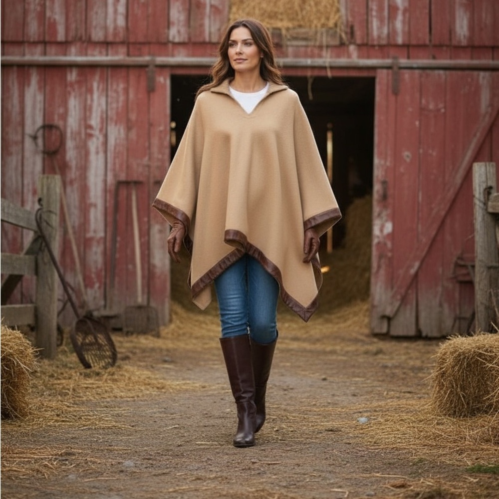 Vintage ralph Lauren black label wool poncho cape with leather trim.…    